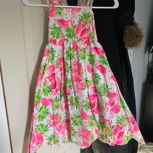 Girls hot pink flamingo dress with cross cross straps